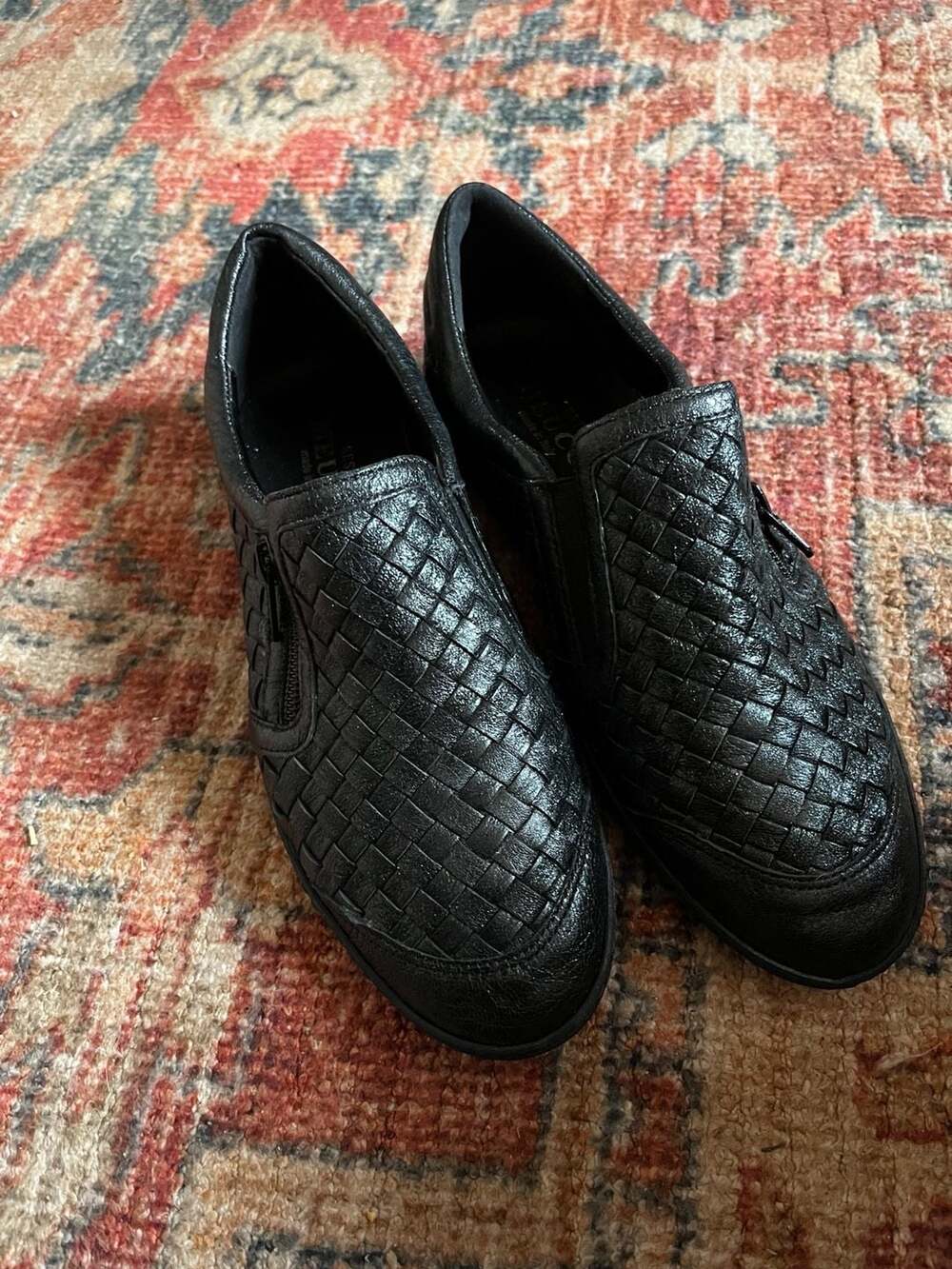 Sesto Meucci Black Woven Leather Slip-On Comfort Shoes with Side Zip mens